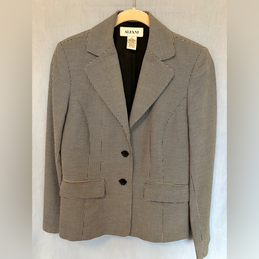 Alfani suit jacket. Black-white check, cropped fit.